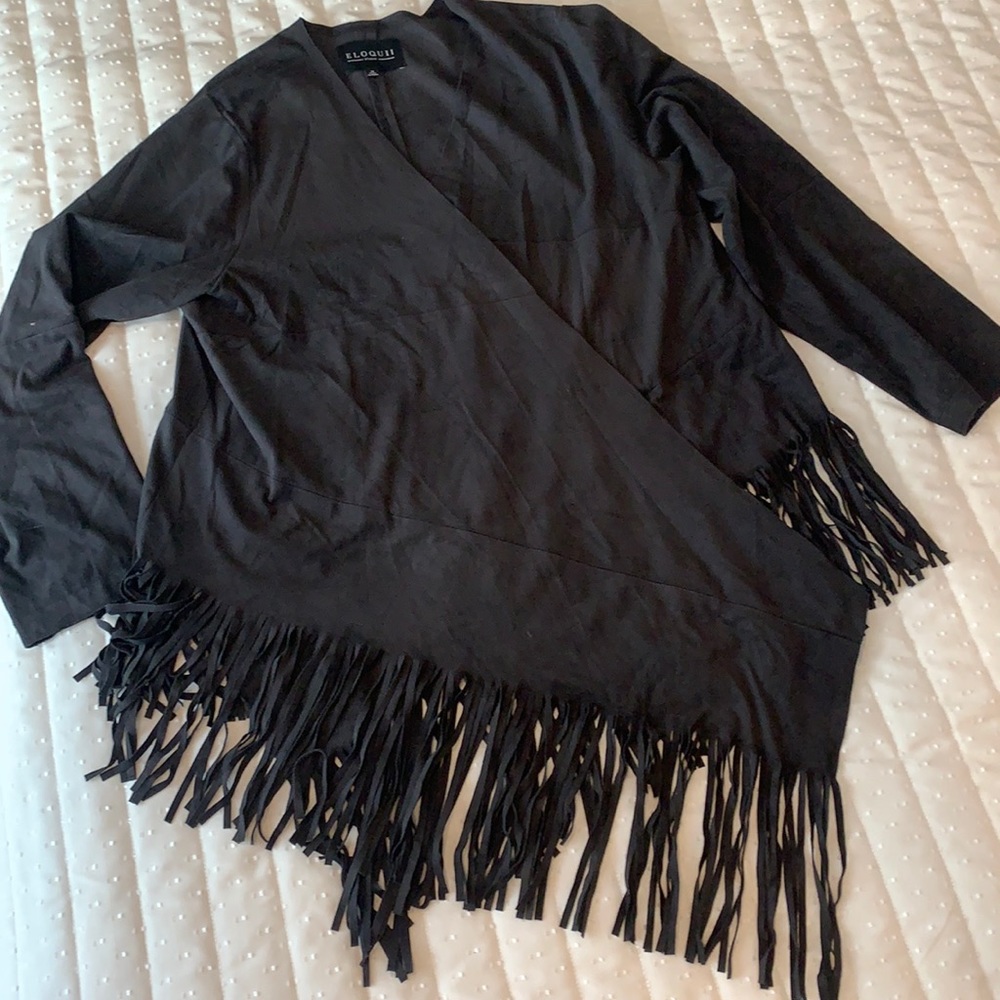 ELOQUII Black Fringe Wrap Jacket